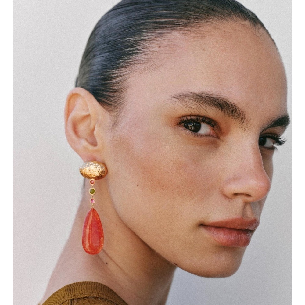 ZARA Long Orange Teardrop Statement Earrings Multicolor Stones Gold Tone NWOT